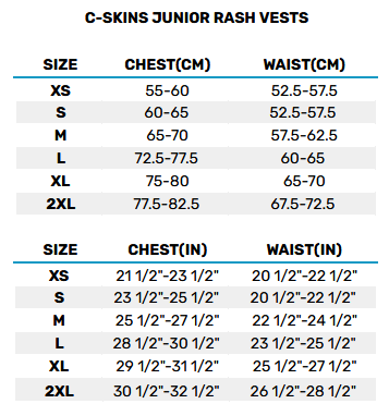 2025 CSKINS Junior Rash Vests 0 Gráfico do tamanho